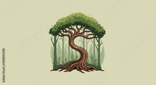 A stylized, pixelated ancient tree with winding trunk and full green foliage