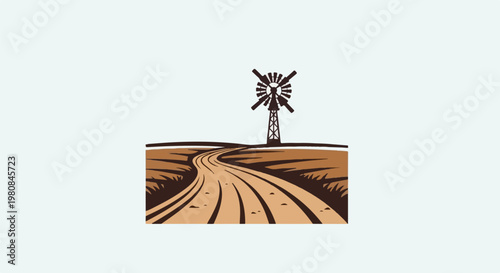 A stylized illustration of a solitary windmill on a dusty, winding dirt road