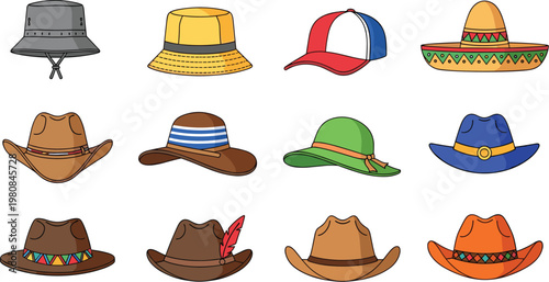 Collection of different hats including cowboy, sombrero, caps and stylish headwear isolated on white background for fashion design