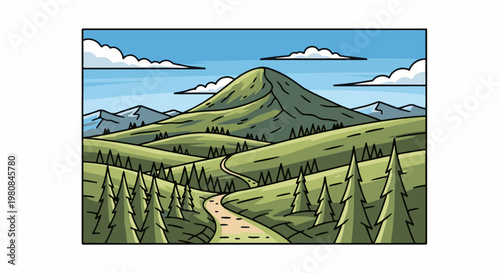 A stylized illustration of a winding path through lush green hills toward a large mountain