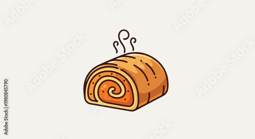 A stylized, cartoon-like image of a freshly baked, swirled pastry emitting steam