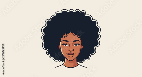 A stylized illustration of a woman with large, dark, curly hair