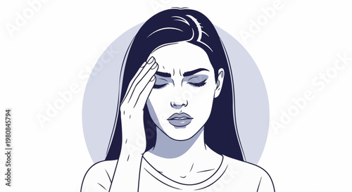 A stylized illustration of a woman with her eyes closed, holding her forehead