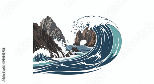 A stylized, pixelated scene depicts a massive wave crashing against rocky shores and a stone arch