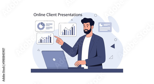 Man giving online client presentation with charts and graphs on laptop screen
