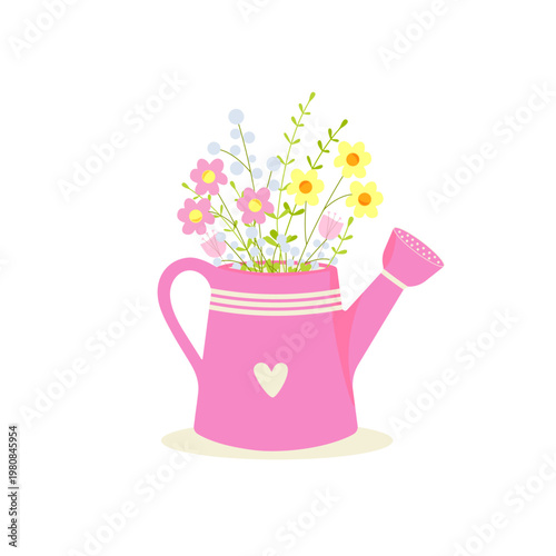 Vector illustration of a watering can with spring flowers inside