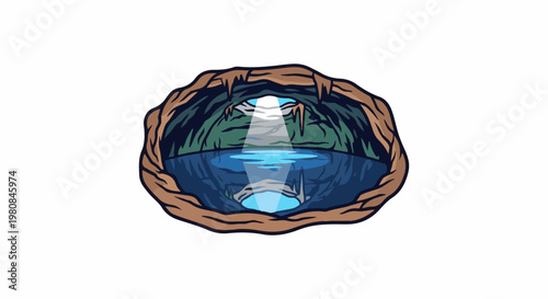 A stylized cave opening reveals a calm pool reflecting a beam of light from above