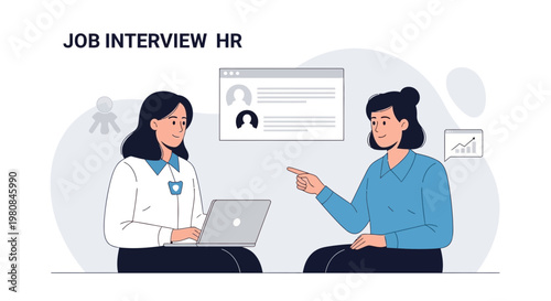 Job Interview HR: Applicant and Recruiter Discussing Resume on Laptop