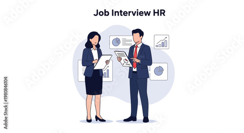 Job Interview HR: Man and Woman Discussing Business Charts and Graphs