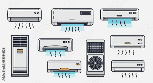 A variety of air conditioning units shown with cool air blowing