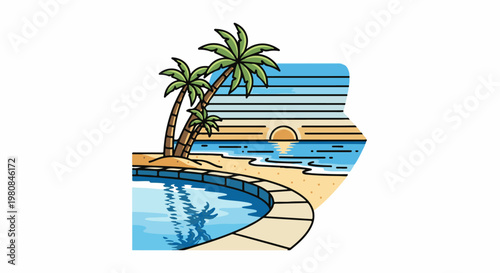 A tropical beach scene with palm trees, a pool, and a sunset over the ocean