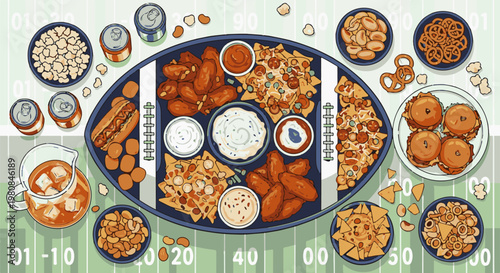 A variety of game day snacks are artfully arranged on a football field