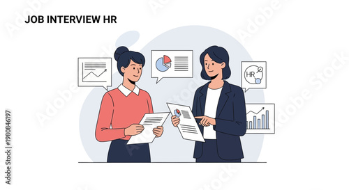 Job Interview HR: Two Women Discussing Resumes and Charts