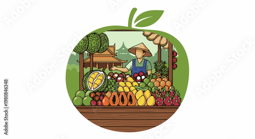 A vendor in a conical hat displays a colorful assortment of fresh fruits at a market stall
