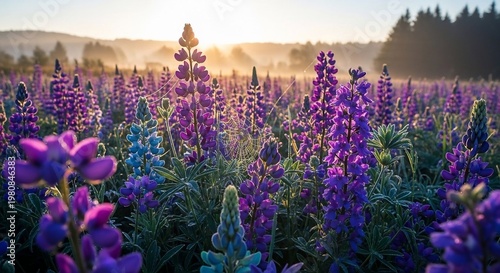 Field of lupine flowers at sunrise