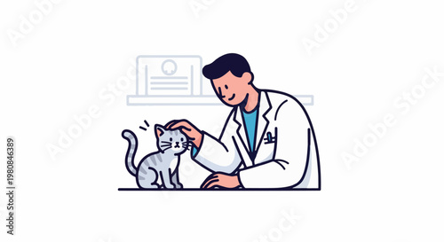 A veterinarian gently pets a small, gray, striped cat in a clinic setting