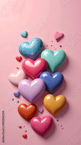 Colorful hearts scattered on pink background