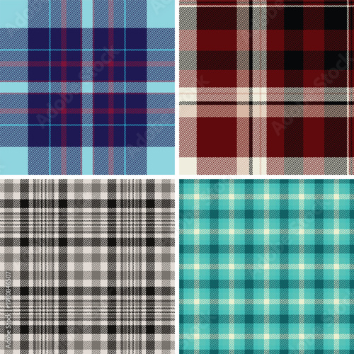 Plaid set for interior displays of womens fashion stores. Harmonized tartan designs suit decor visuals. Seamless vectors maintain rhythm.