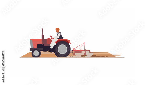 Indian farmer plowing field with tractor flat vector illustration isolated on white background agriculture rural life concept