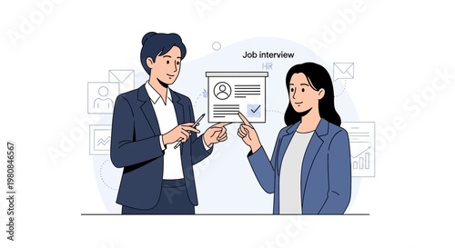 Job interview, HR manager and candidate discussing resume on whiteboard