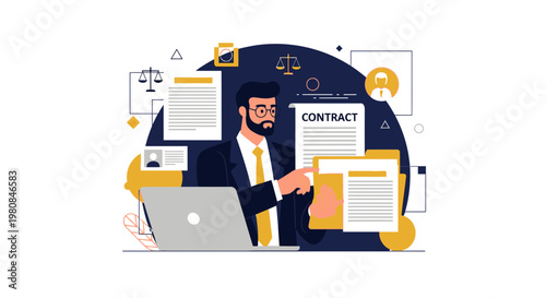 Lawyer working with contract and laptop, legal concept illustration