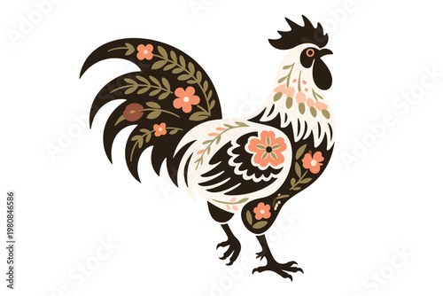 Rooster Vector With Floral Decoration Illustration Creative Design Template 
