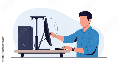 Man adjusting computer monitor on desk with PC tower and stand