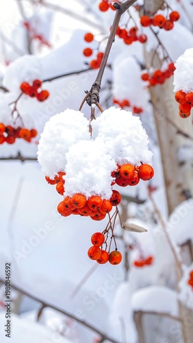 Snowy red berries on a frozen branch