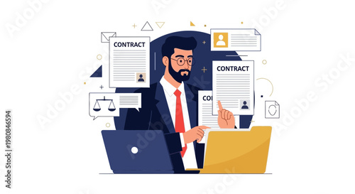 Lawyer reviewing contracts on laptop with legal scales and folder, business concept