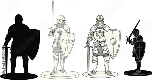 Medieval knights silhouette, four warrior figures, sword and shield icon, historic battle design, armor illustration, combat symbol, heritage art, duel concept