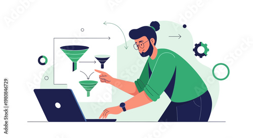 Man analyzing data flow with funnels on laptop, representing business process and analytics