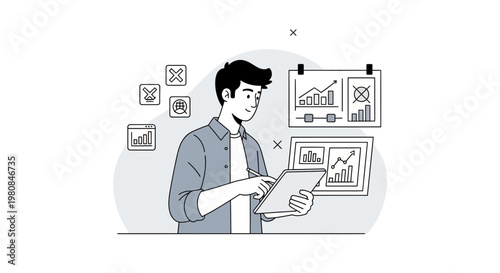 Man analyzing data charts on tablet, business strategy, digital analytics, planning