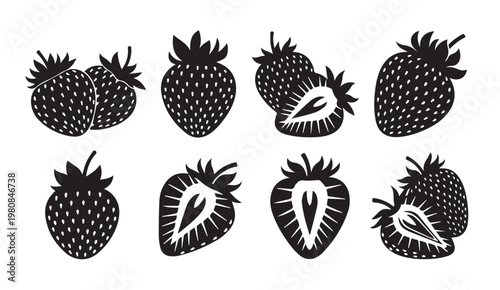 Collection of black and white strawberry icons with seeds and leaves in a clean graphic style