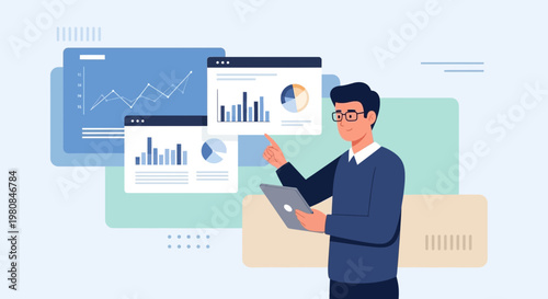 Man analyzing financial charts on tablet, business data visualization, digital analytics