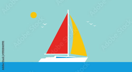 A serene illustration of a sailboat gracefully sailing on the ocean under a bright sun. The image evokes a sense of freedom, adventure, and the simple joys of a summer day