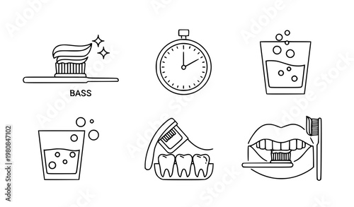 Tooth brushing routine outline icon set dental care vector