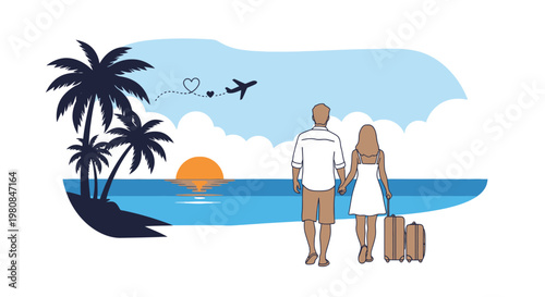 A couple enjoying a vacation at the seaside with a travel suitcase, palms tree, airplane and hearts in the blue sky.