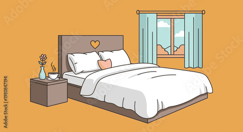 An illustration of a bedroom with a cozy bed, coffee, and a flower vase, inviting a sense of relaxation