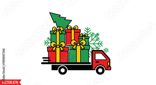 Festive truck carrying gifts, Christmas tree, and winter decorations. This illustration embodies the spirit of giving and seasonal cheer