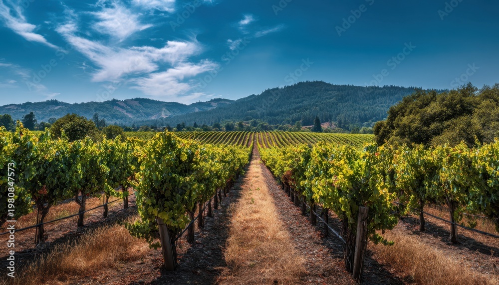 Obraz premium Vineyard rows with grape vines in a rolling countryside landscape under a blue sky