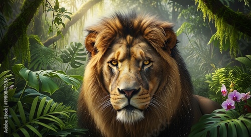 Majestic male lion portrait in lush tropical jungle environment with exotic flowers and ferns.