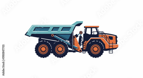 A stylized, colorful illustration of a heavy-duty dump truck on a white background