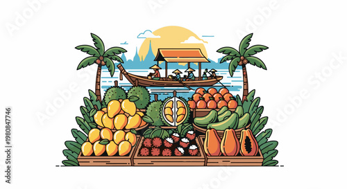 A vibrant floating market scene with tropical fruits, palm trees, and a boat