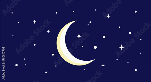 A stylized crescent moon glows against a dark blue night sky filled with stars