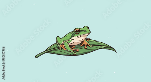 A vibrant green frog rests on a lush green leaf against a pale blue backdrop