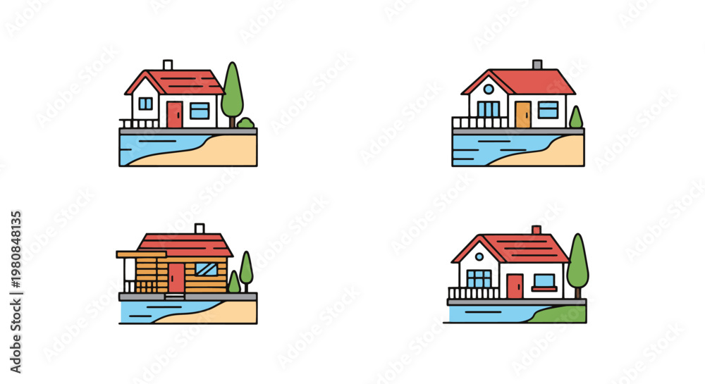 Fototapeta premium Lake Shore House Line art creative colorful abstract vector