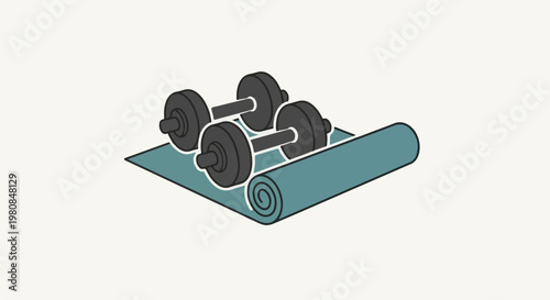 A teal yoga mat is rolled up with two dumbbells resting on top