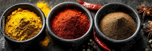 Panel kuchenny z motywem Vibrant Assortment of Aromatic Spices and Seasonings in Rustic Stone Bowls for Culinary Preparation and Gourmet Cooking Enthusiasts on a Dark Slate Background
