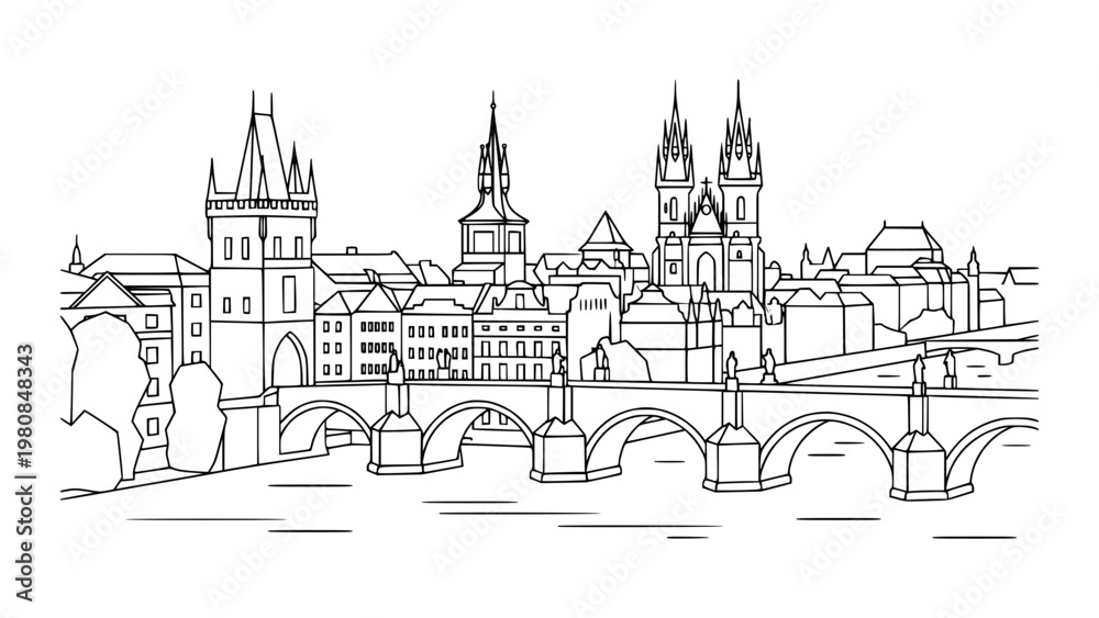 Fototapeta premium Prague Old Town Skyline Line Art. Charles Bridge Castle Vector Illustration