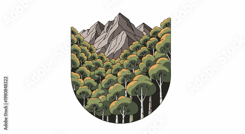 A stylized depiction of a dense forest leading up to rugged mountains